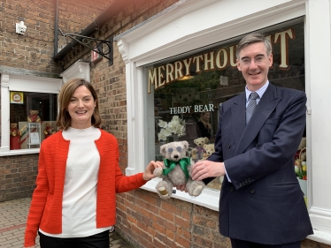 Lucy Allan and Jacob Rees-Mogg holding the official House of Commons teddy bear